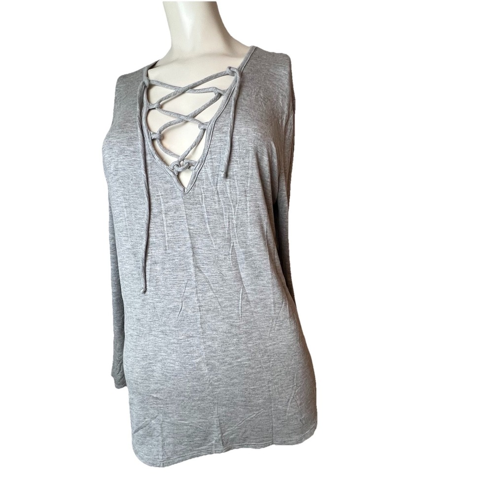 Leith Gray Lace Up Tie Front Long Sleeve Rayon Spandex Casual Top Size XL